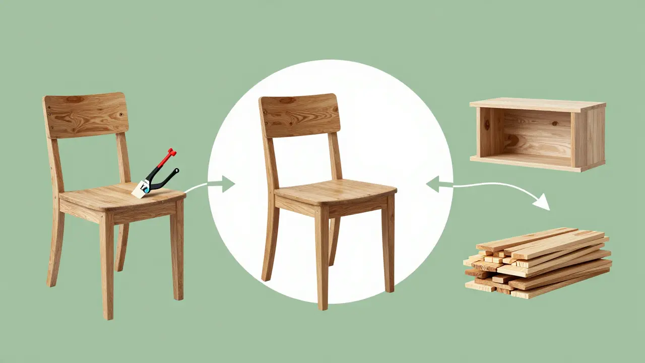Ilustrace cyklu opravy, redesignu a recyklace dřevěného nábytku
