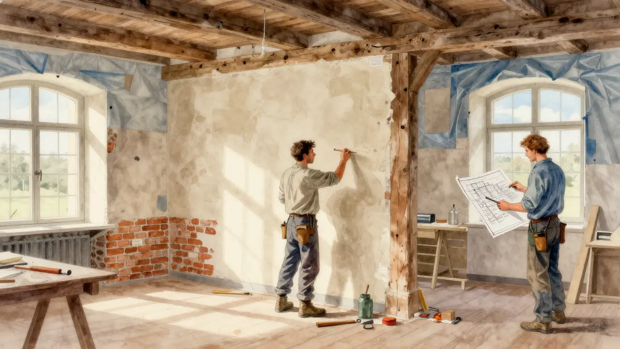 Ilustrace řemeslníka opravujícího historickou omítku v interiéru domu