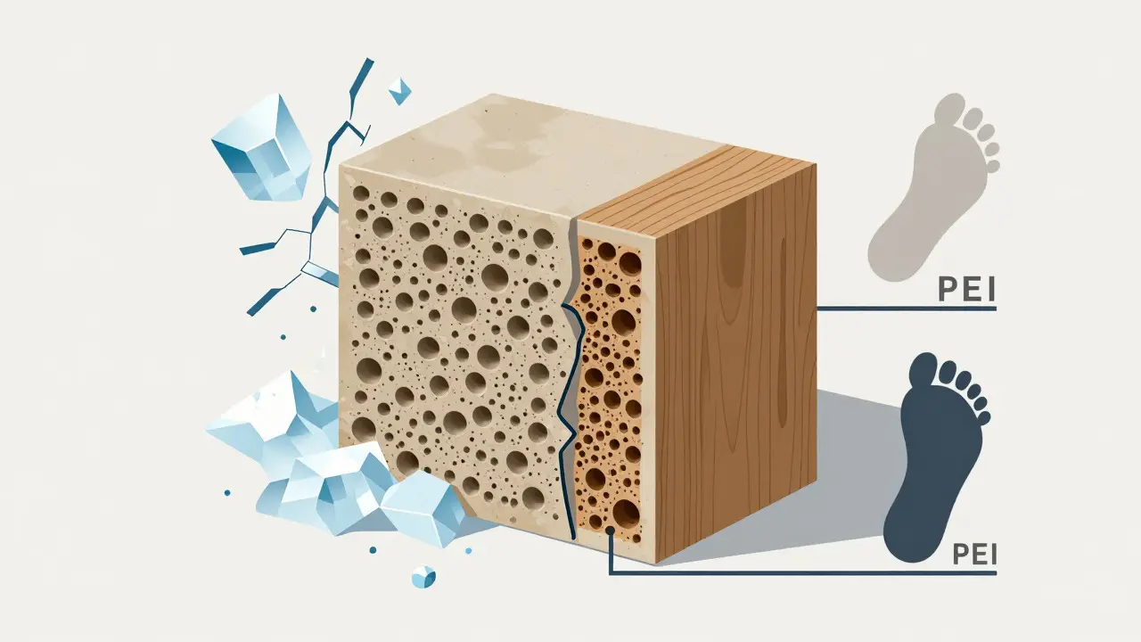 Konceptuální ilustrace odolnosti keramiky vůči mrazu a opotřebení