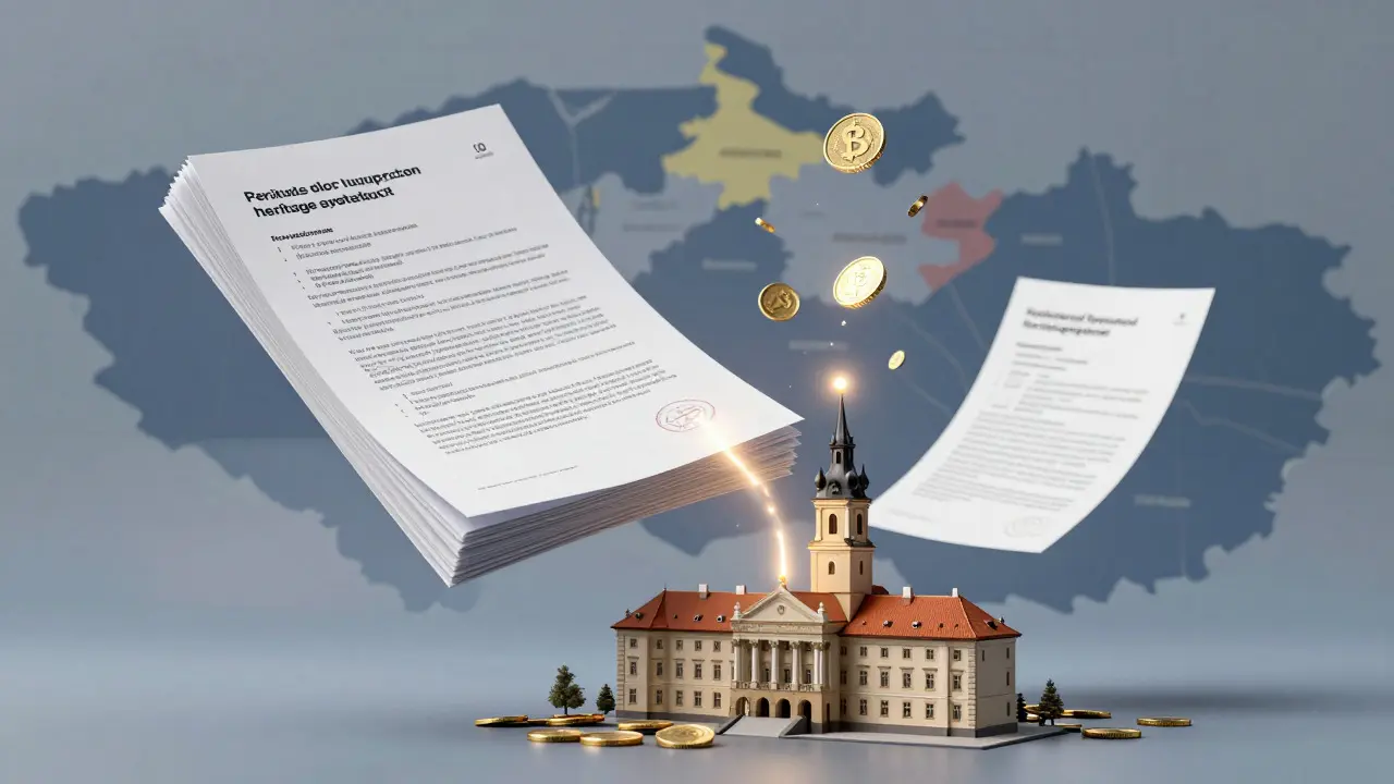 Konceptuální vizualizace dotací a byrokracie při obnově památek