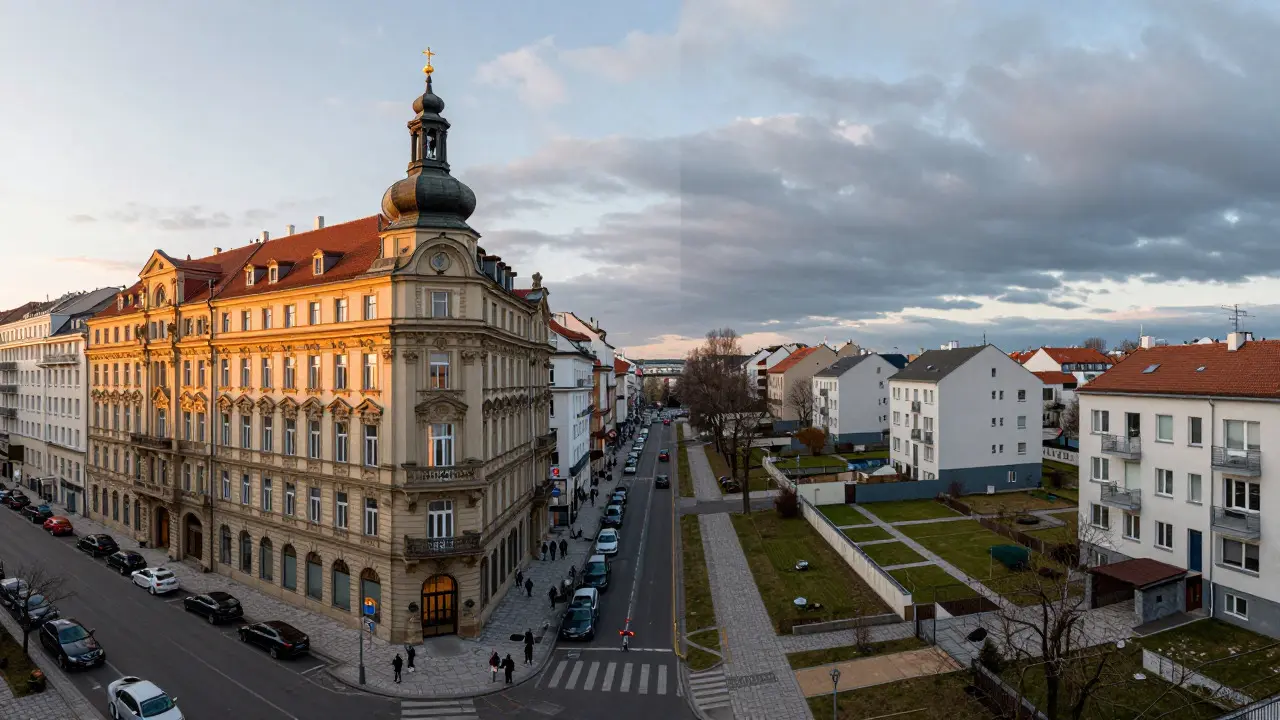 Kонтраstní pohled na luxusní centrum a periferní část Prahy