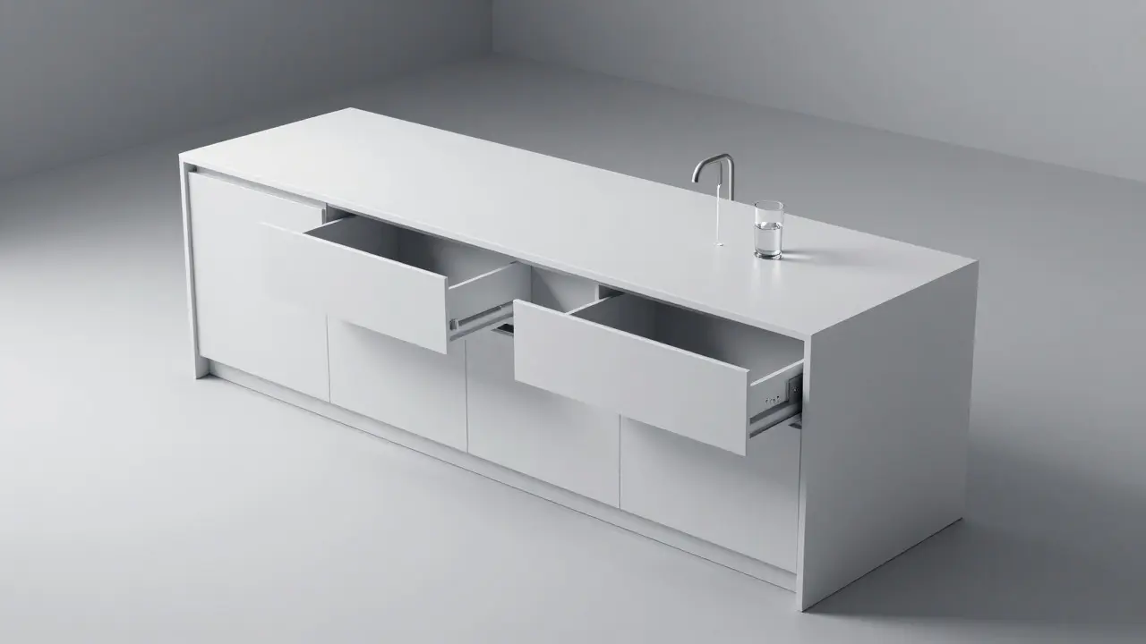 Minimalistický kuchyňský ostrůvek se skrytými prvky a technologiemi