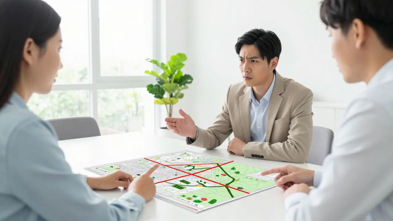 Prodávající vysvětluje kupujícímu podrobnosti služebnosti na mapě nemovitosti