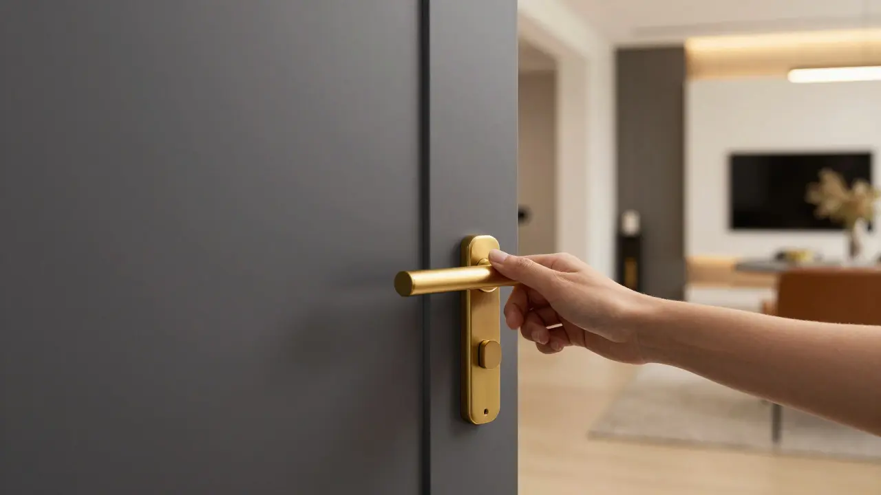 Ruka dotýká se nově namontovaného elegantního kliku v interiéru