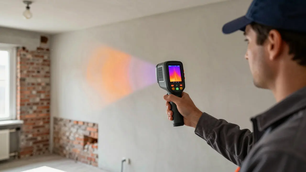 Technický inspektor používá tepelnou kameru k odhalení vad v bytě