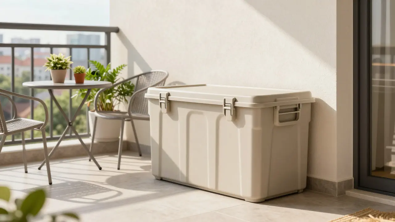 Uklizený balkon s velkým úložným boxem a nábytkem