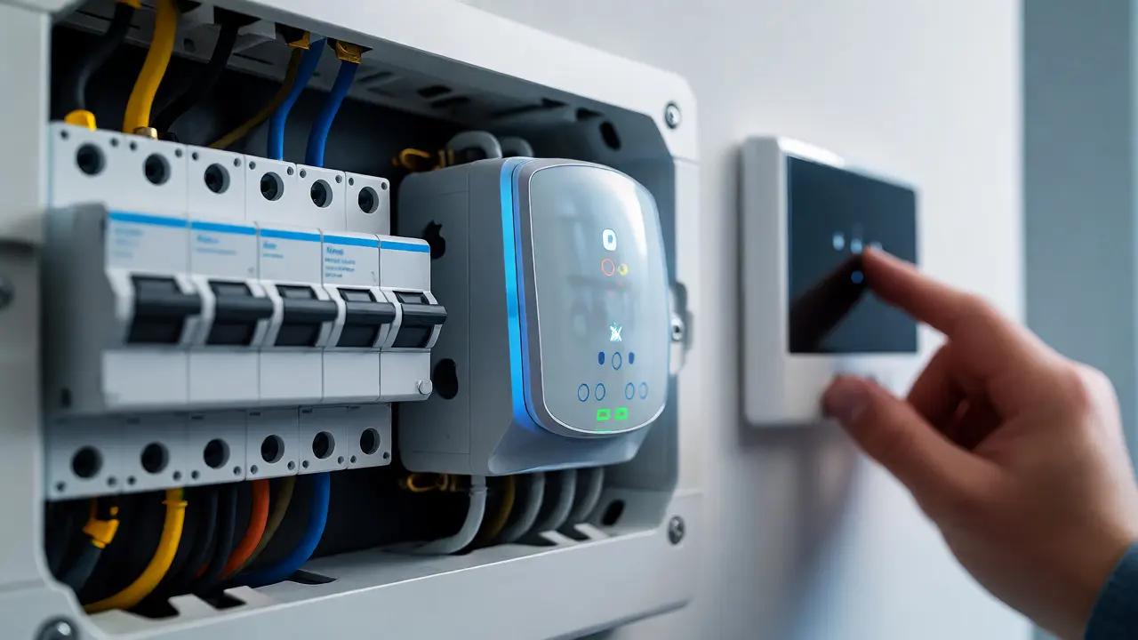 Detail chytrého měření v elektrickém rozvaděči s LED indikátory
