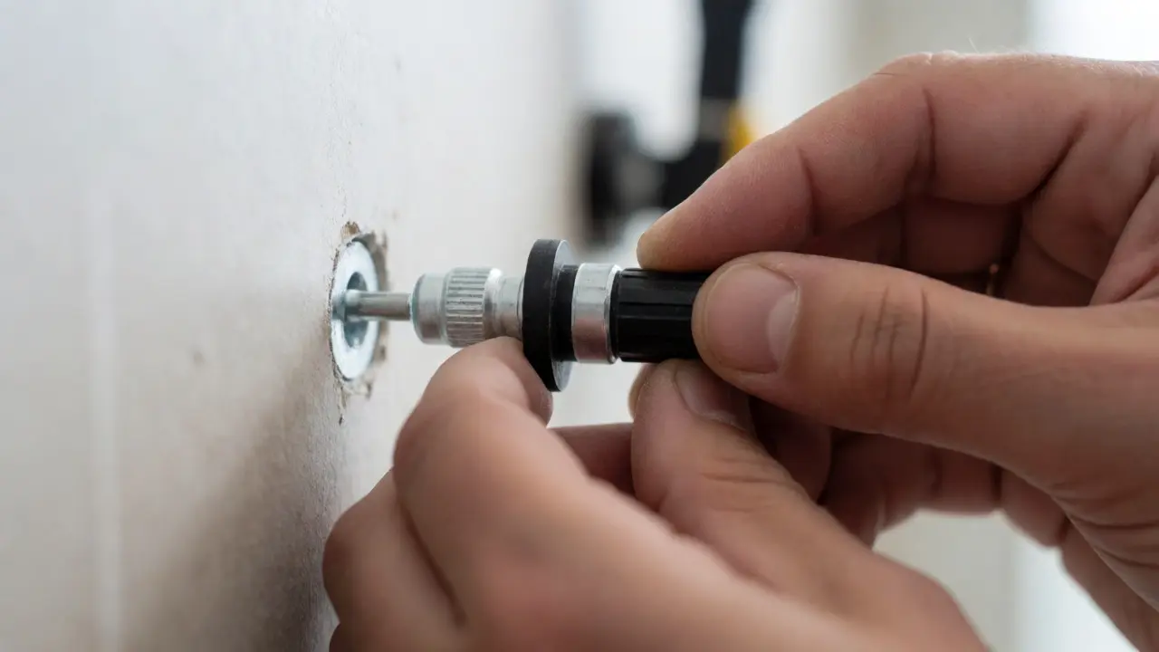 Detailní pohled na montáž kotvy pro závěsný panel do sádrokartonu