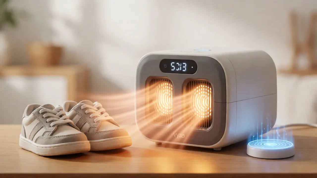 Elektrická sušička bot s teplým světlem vedle dětských tenisek pro prevenci plísní.