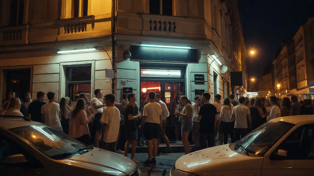 Rušná noční ulice s lidmi před barem ve městě