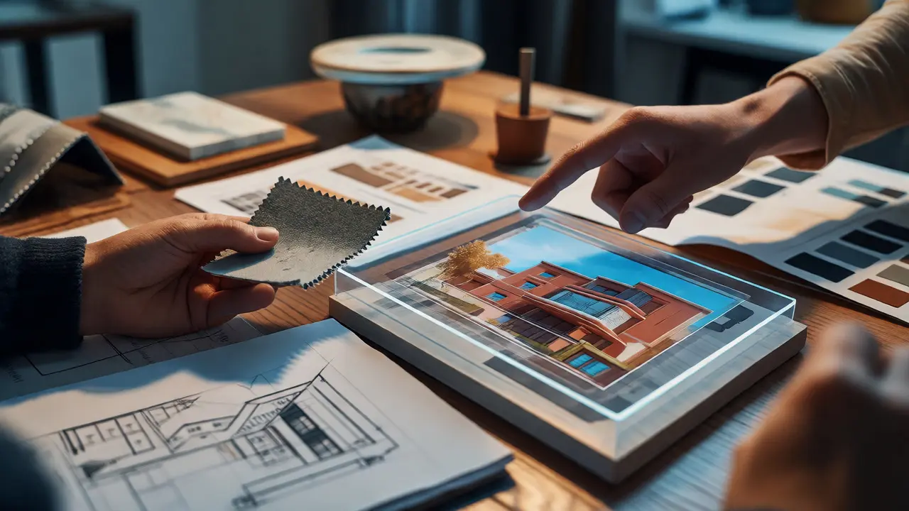 Detailní pohled na porovnávání materiálových vzorků a digitálních vizualizací ve studiu.