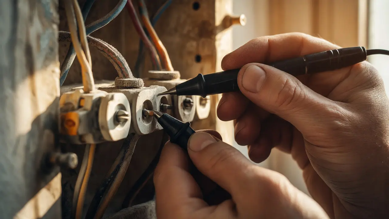 Elektrikář měří staré hliníkové vedení multimetrem