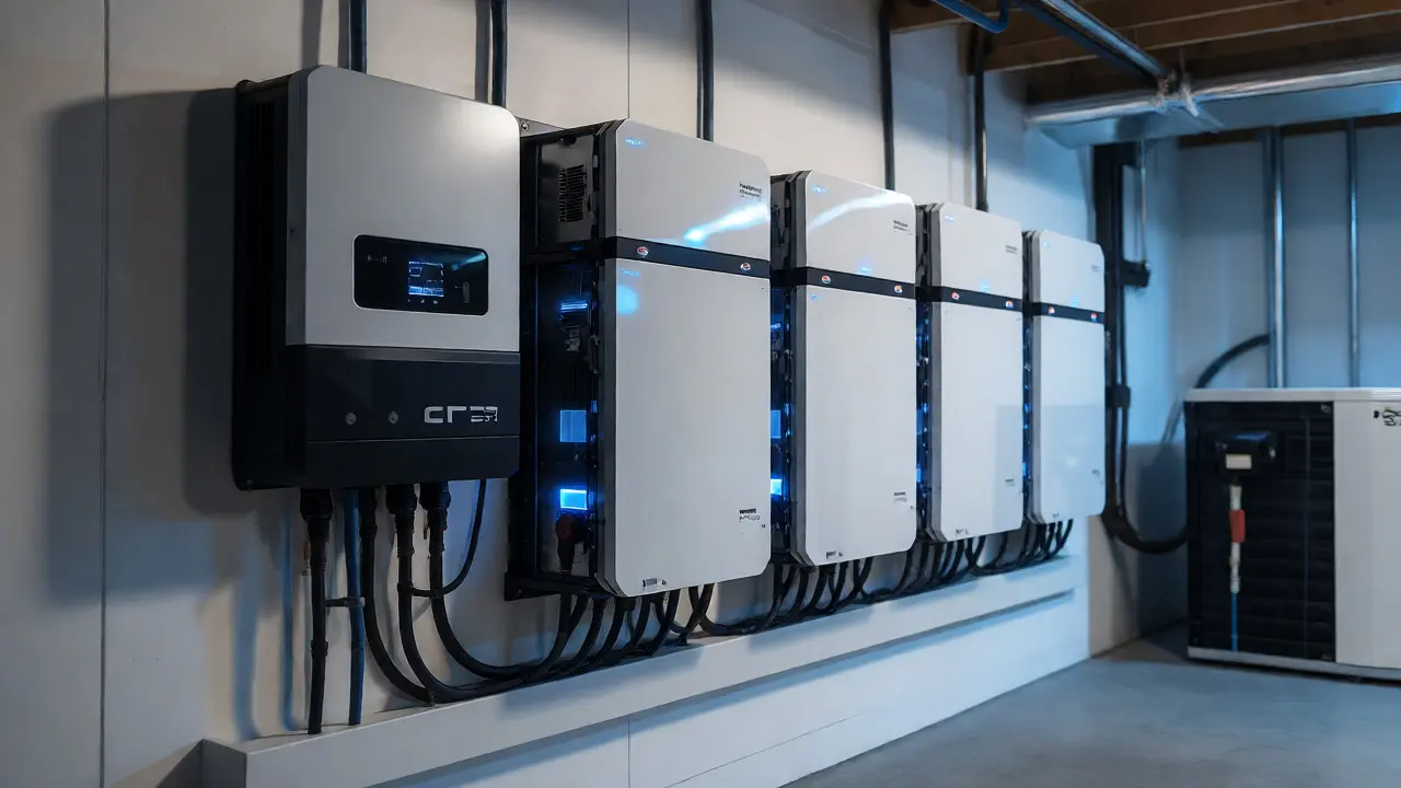 Interiér technické místnosti s moderním bateriovým úložištěm
