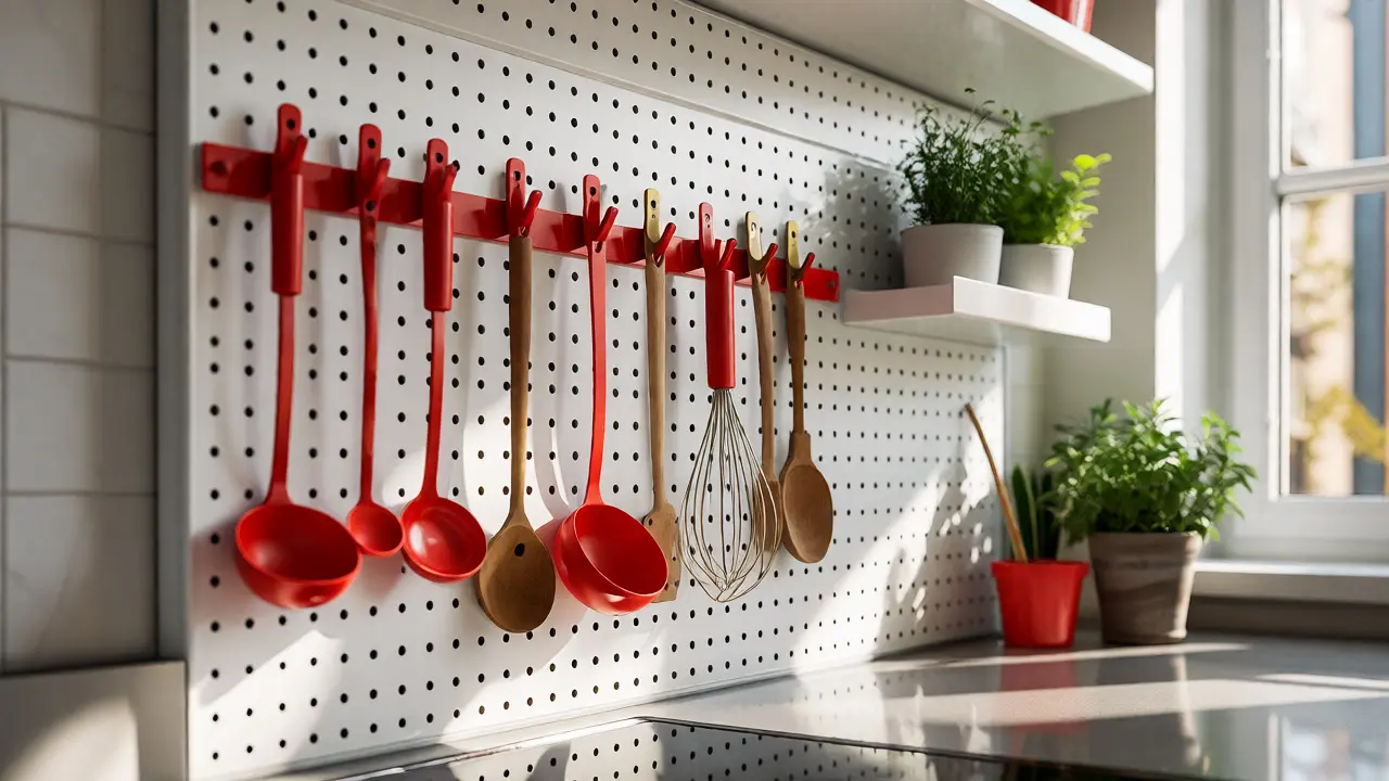 Kuchyňský pegboard s nářadím zavěšeným nad pracovní deskou