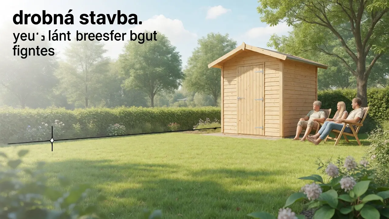 Malý zahradní domek na zeleném pozemku splňující limity