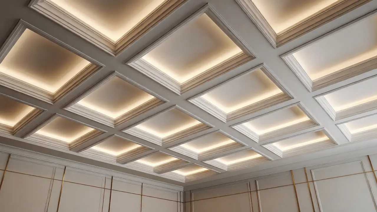Moderní kazetový strop s vestavěným osvětlením a mosaznými lištami