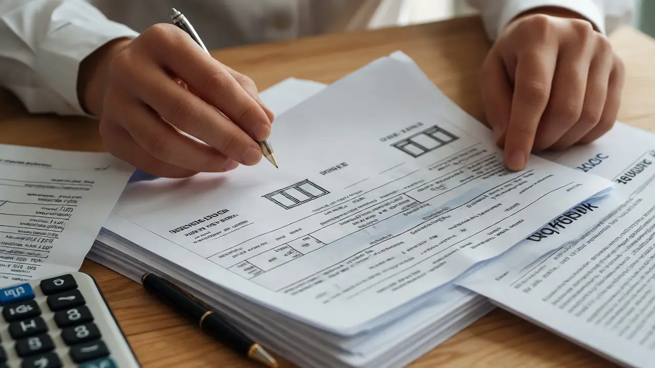 Ruce třídící faktury za rekonstrukci a dokumenty na stole