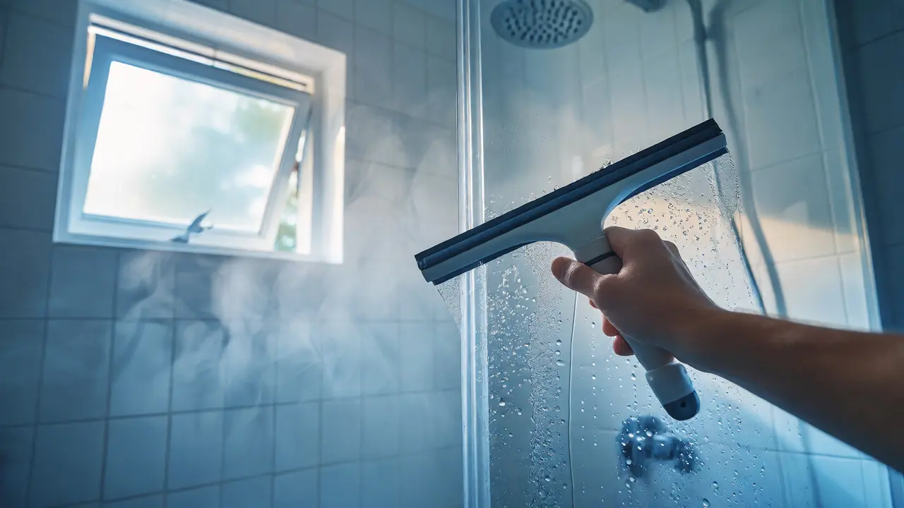 Ruční stírání vody ze sprchového koutu pro prevenci vlhkosti