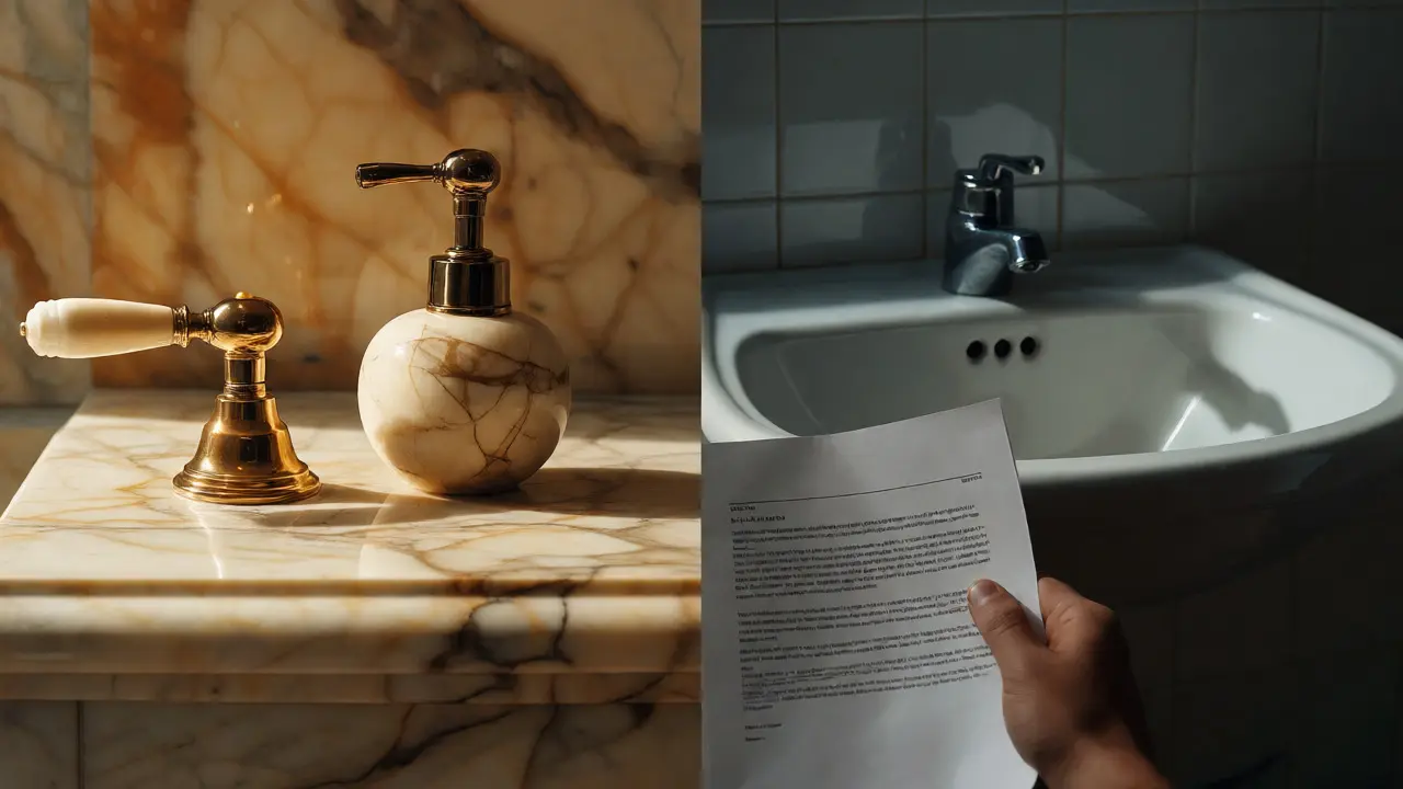 Srovnání luxusního mramoru a základní keramiky ve koupelně