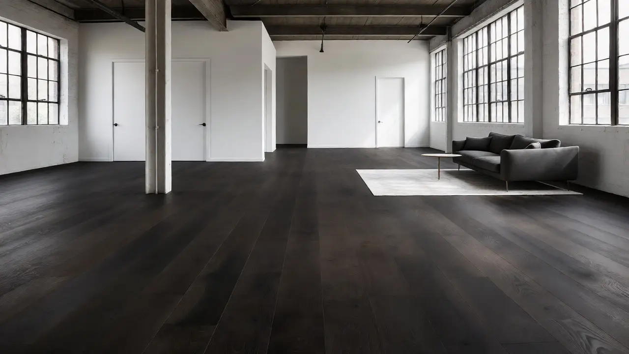 Tmavá podlaha kontrastující se světlými stěnami v industriálním stylu