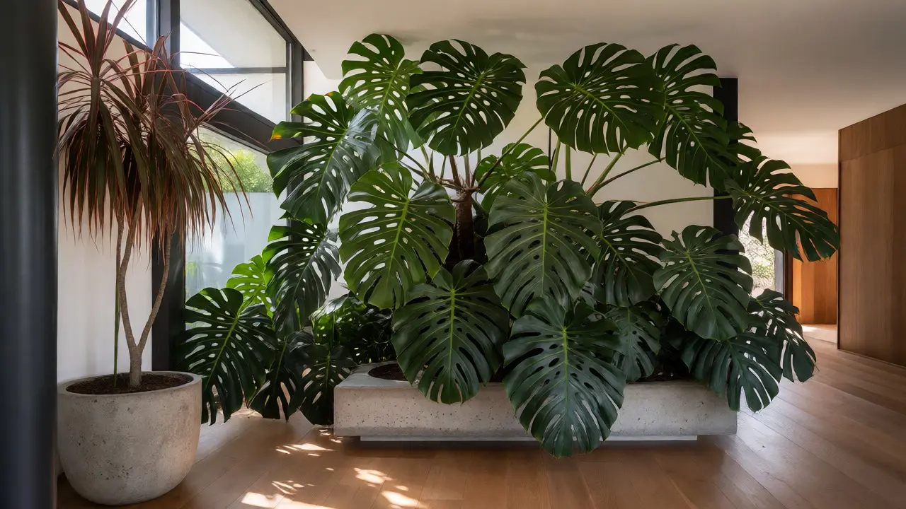 Velká Monstera a Dracena v betonových nádobách u okna