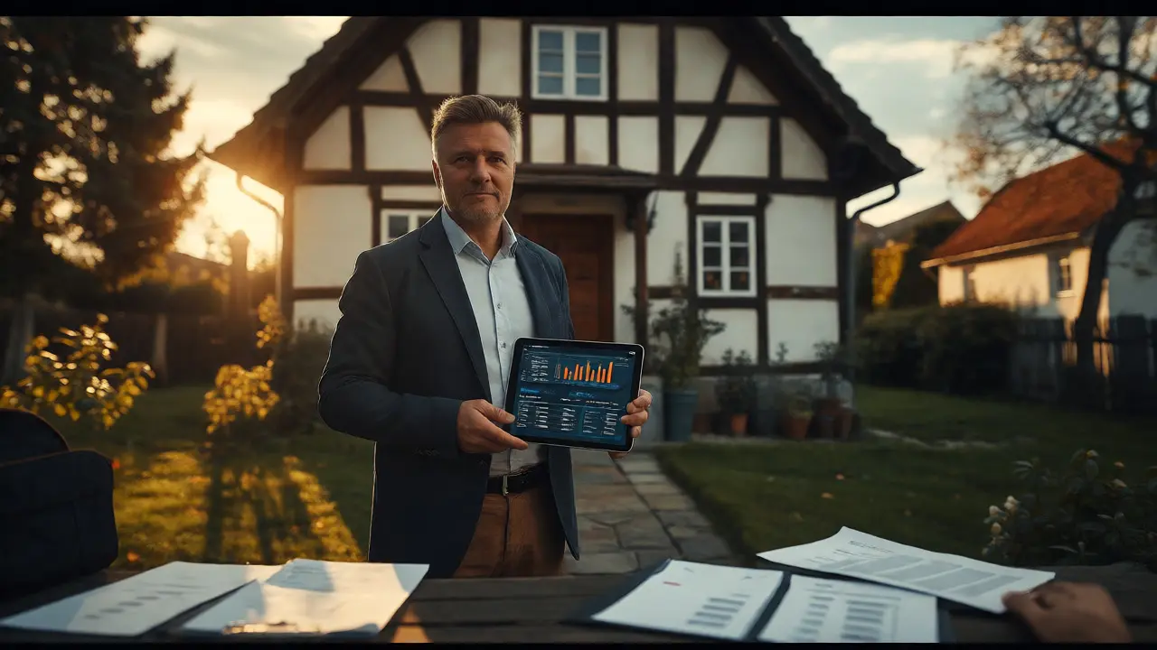 Znalec s tabletem stojí před rodinným domem za zlaté hodiny